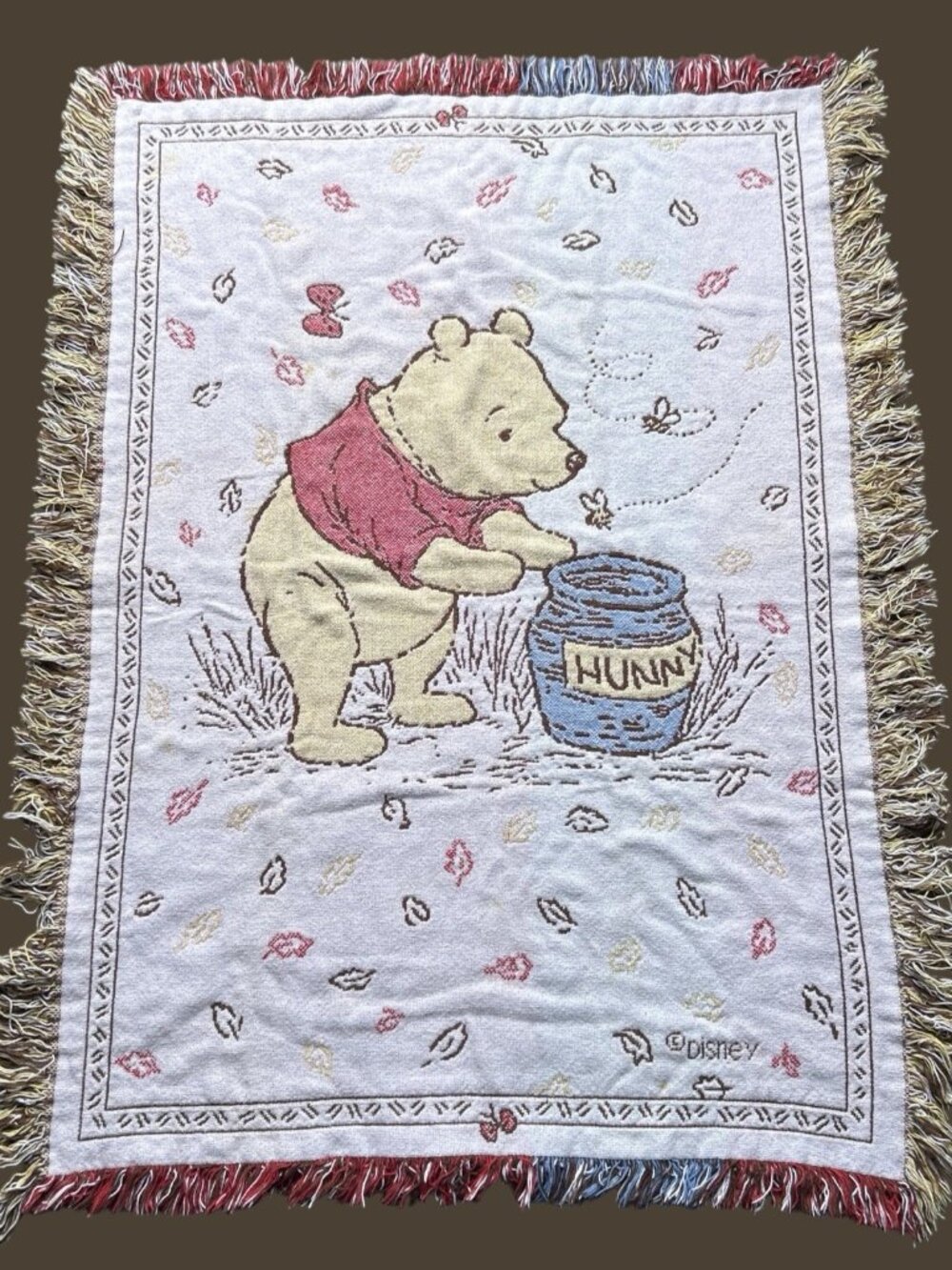 Vtg 90s Disney Classic Winnie The Pooh & Honey Pot Woven Blanket Tapestry 46x36